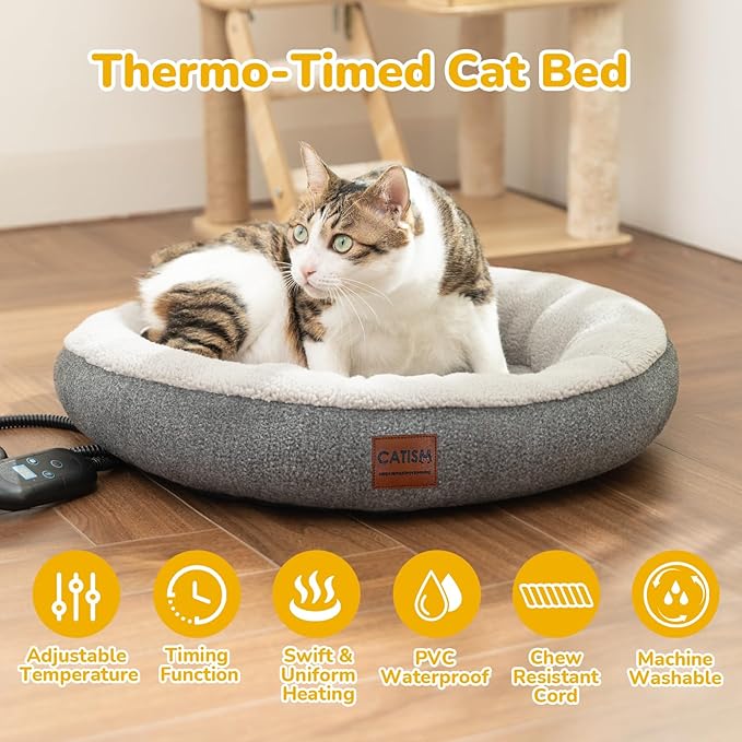 CATISM Cat Bed Heated Cat Bed - Self Warming Cat Beds, Heating Cat Beds for Indoor Cats and Small Dogs, Cozy Donut Heated Cat Bed with Timer & Temp Adjustable, Heating Cat Pad with Non-Slip Bottom
