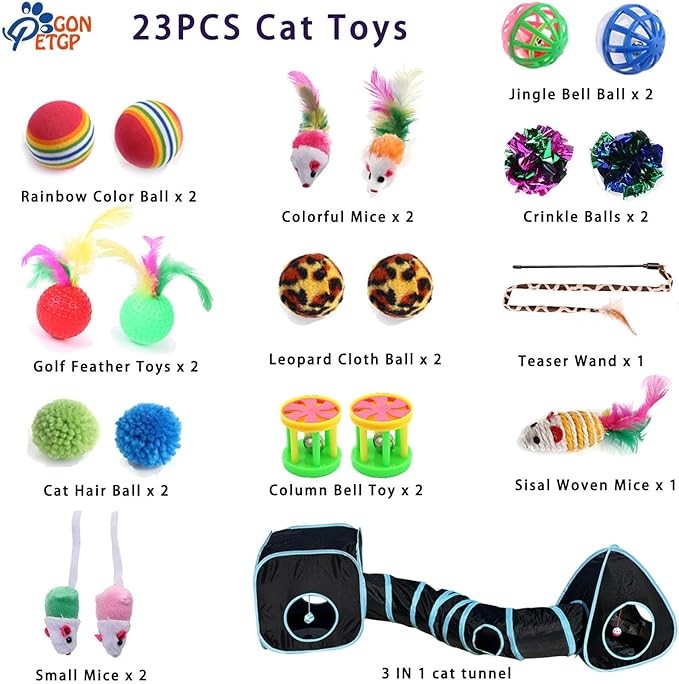 Cat Toys for Indoor Cats, Kitten Toys Set, Collapsible Pet Tunnel Cube Tent Toys, Interactive Cat Feather Teaser Wand Cat Bell Balls Fuzzy Ball Springs Mouse Toys for Cat Kitty (Black)