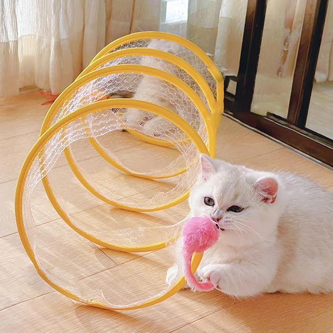 Andiker S-Shape Cat Tunnel Toy Set, Folded Cat Tunnel Spring Toys with a Wand & 5Replacement Heads Cat Spring Toy Metal&Mesh Cat Spiral Tunnel Toy for Indoor Cats to Kill Time& Do More Exercise (7)