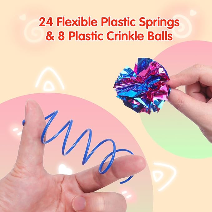 SEVENKA Cat Toys 8 Pcs Color Crinkle Balls and 24 Spring Toys, 2in/5cm Cat Toy Balls, Kitten Toys, Plastic Spiral Springs for Cat Swatting, Biting, Hunting, Active Healthy Play