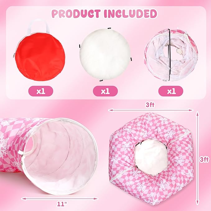 Pink Cat Tunnel Bed Peekaboo Cat Cave Donut Under Christmas Tree Pink Checker with Snowflakes Festive Decor Perfect for Small Medium Large Cats, Kittens, Rabbit, Ferret