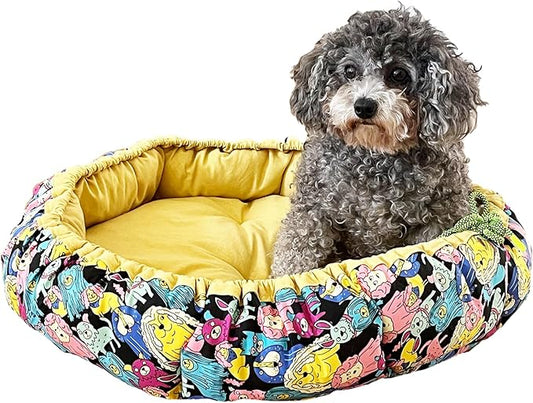 Dog Beds for Small Dogs - Round Cat Beds for Indoor Cats, Washable Pet Bed for Puppy and Kitten with Lovely Cartoon Pattern, 20 Inches,Citrine