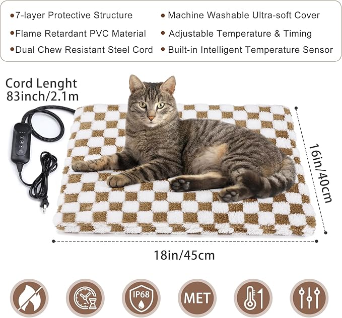 MIXJOY Heated Cat Bed, 11 Adjustable Temperature Cat Heating Pad Indoor with Timer, Pet Heating Pad for Cats Dogs, Electric Dog Heating Pad with Washable Cover, Heated Pet bed-18''x16'', Small