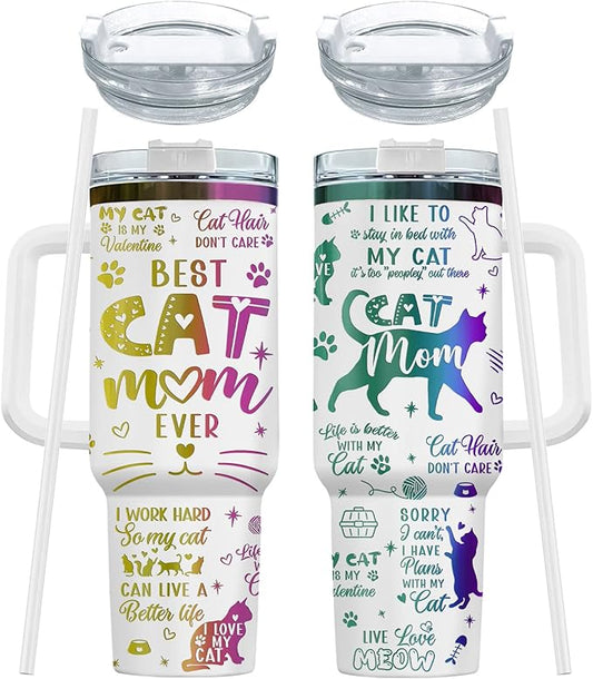 34HD Funny Engraved Cat Mom Tumbler with Handle and Straw 40oz, Paw Mom Cup Insulation, Birthday Mothers Day Gifts for Cat Lovers Women Auntie Friends