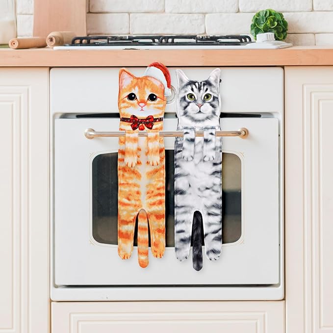 Cat Hand Towels for Kitchen Bathroom - Cute Cat Decor Gadgets - Hanging Soft Absorbent Hand Face Towel - Funny Unique Christmas Birthday for All Women Mom Cat Lovers - Orange
