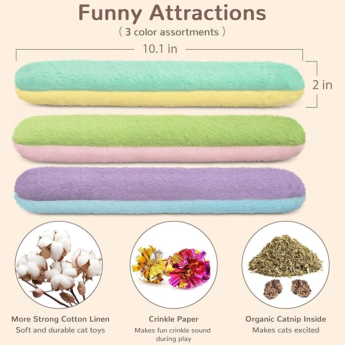 Retro Shaw Cat Toys Cat Pillows,Refillable Catnip Toys,3 Pack Crinkle Sound Cat Kicker Toy for Indoor Cats,Interactive Cat Nip Toys for Cats Kittens Kitty 10.1 Inches