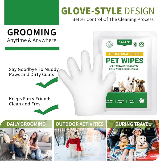 Nourish Fur Pet Grooming Wipe -Extra Thick Gloves, Cleaning & Deodorizing Bathing Wipes for Dogs & Cats, Hypoallergenic, for Daily SPA Care & Traveling; CWSJ