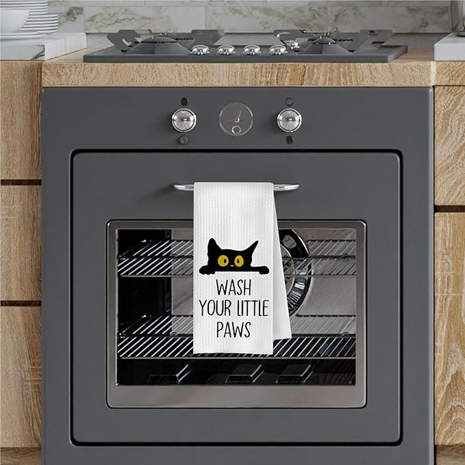 Black Cat Hand Towels - Wash Your Little Paws Cat Decorative Waffle Weave Hand Towels for Kids Bathroom, Black Cat Gifts, Cat Themed Gifts, 16x24 Inch