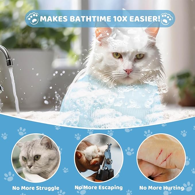 Cat Bathing Bag Anti Scratch and Bite, Cat Shower Bag Soft Mesh Net Bag for Small/Medium/Large Cats Restraint Grooming Nail Trimming Washing - Blue