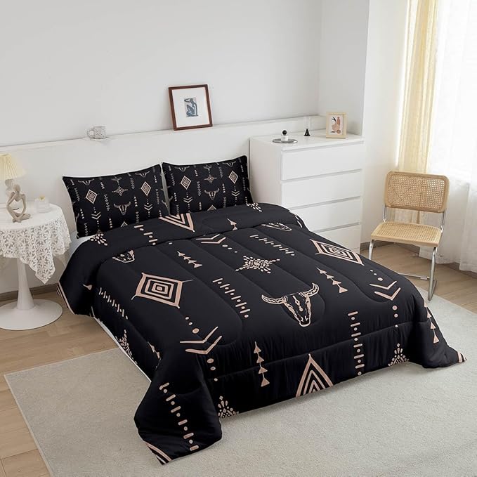 Bull Skull Comforter Set King Boho Bedding Ethnic Horns Bohemian Bedding Comforter Sets Black Brown Tribal Symbol Mysterious Aztec Bedroom Decor Abstract Geometric Duvet Insert for Men Boys