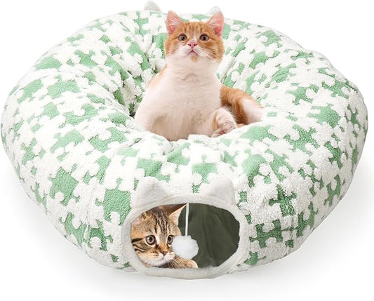 Cat Tunnel Bed for Indoor Cats, Soft Cat Donut Tunnel with Washable Circle Cushion, Multifunctional Cat Playground Toys with 2 Entryways,Round Pet Play Tunnel for Kitten/Rabbit/Puppy,Green