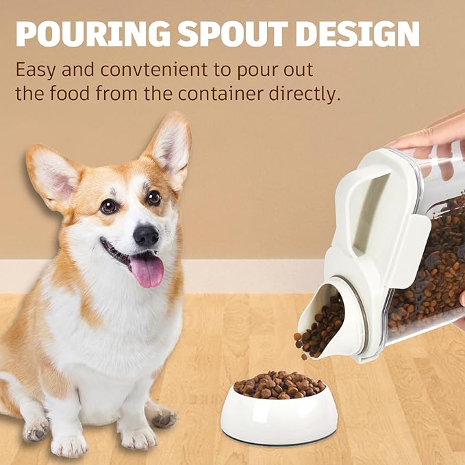 Dog Food Storage Container 3-4lbs, Pet Food Container with Airtight Pour Spout, Cat Food Storage Container with Measuring Cups, Portable Pet Food Container for Dogs, Cats, Birds（White）