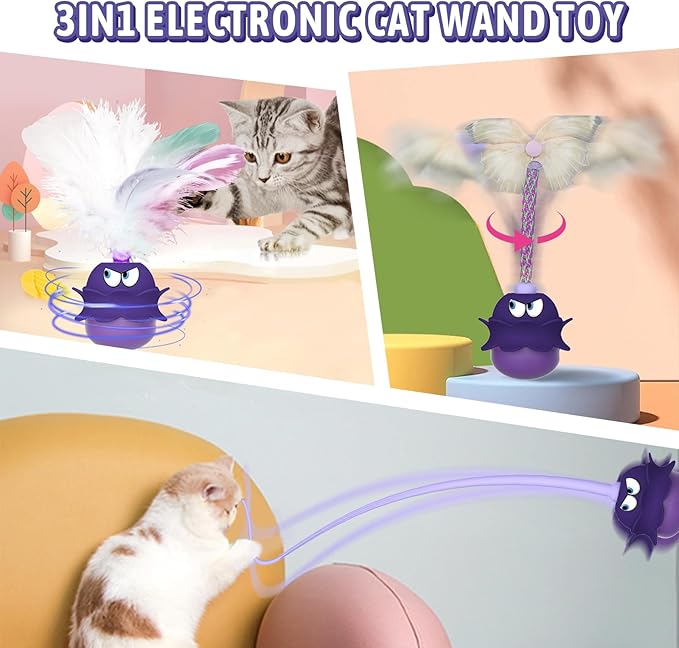 LEWISER Cat Toys Monster, 3in1 Rechargeable Automatic Interactive Cat Toy for Indoor Cats Exercise, Real Feathers, Silicone and Butterfly Tail, LED Lighting, Mice Squeak Chirping, Purple