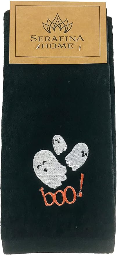 Halloween Bathroom Hand Towels Set of 2 – Cute Boo Ghost Design on Black Cotton - Decorative Bath or Kitchen Holiday Home Décor