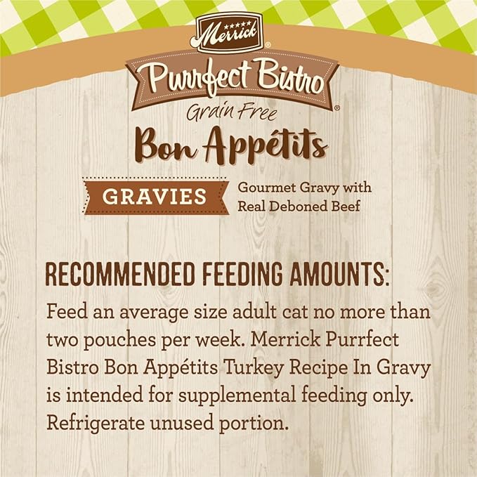 Merrick Purrfect Bistro Bon Appetits Premium Grain Free Wet Cat Food Topper, Turkey Recipe Chunks in Gravy - (Pack of 24) 3 oz. Pouches
