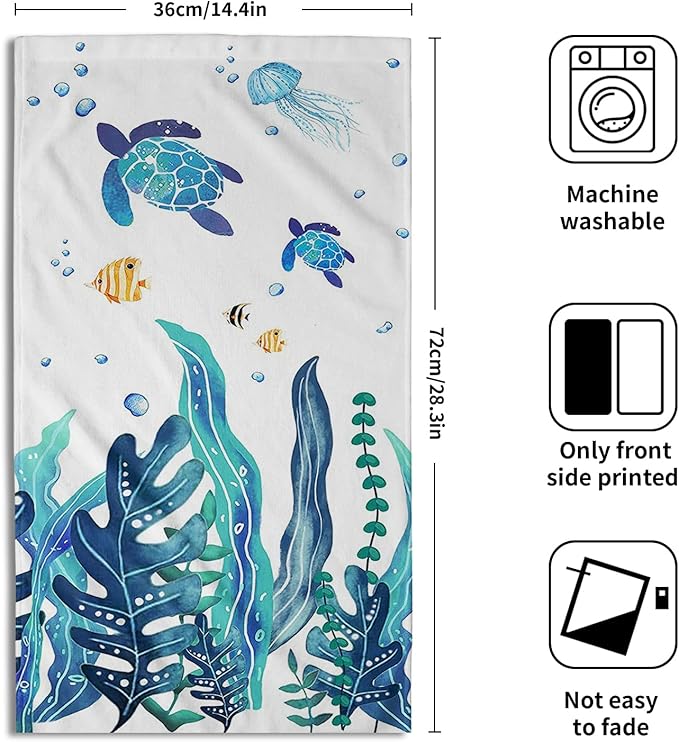 Sea Turtle Hand Towels Set of 2 Marine Seaweed Bath Fingertip Towel Soft Decorative Washcloth Guest Face Towel Kitchen Tea Dish Towels