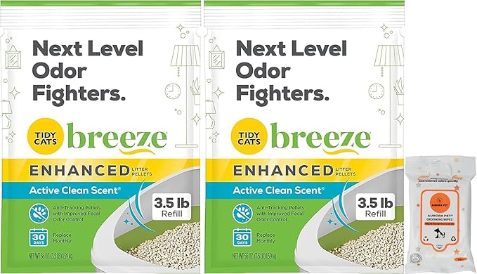 Aurora Pet Bundle (2) Tidy Cat Breeze Enhanced Active Clean Scent Cat Litter Pellets, Refill 3.5 lb with Aurora Pet Wet Wipes