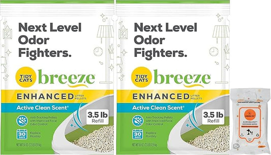 Aurora Pet Bundle (2) Tidy Cat Breeze Enhanced Active Clean Scent Cat Litter Pellets, Refill 3.5 lb with Aurora Pet Wet Wipes