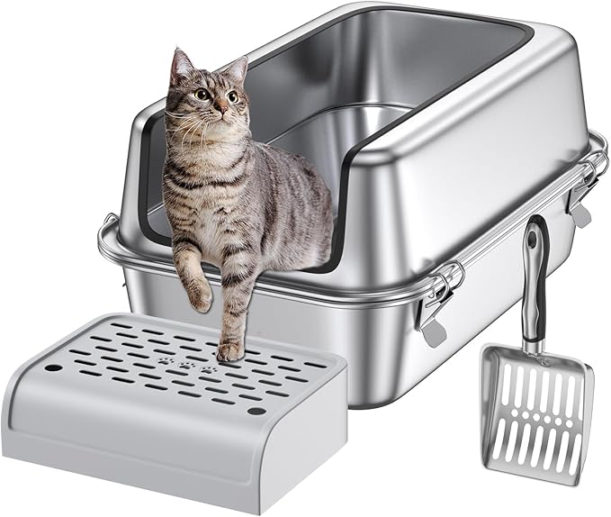 12" Deep Stainless Steel Cat Litter Box with Lid,XL Enclosed Cat Litter Box,Metal Litter Box Easy to Clean,Non-Stick Kitty Litter Box,Non-Stick Bottom & Includes Litter Mat & Metal Scoop