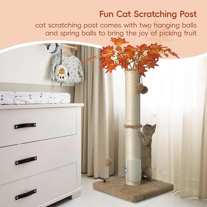 MECOOL Cat Scartching Post，35-inch Heavy Duty and Thicker Large Scartching Posts for Indoor Cats,Natural Sisal Rope and Hanging Ball Toy, Self-Grooming Brush,Beige