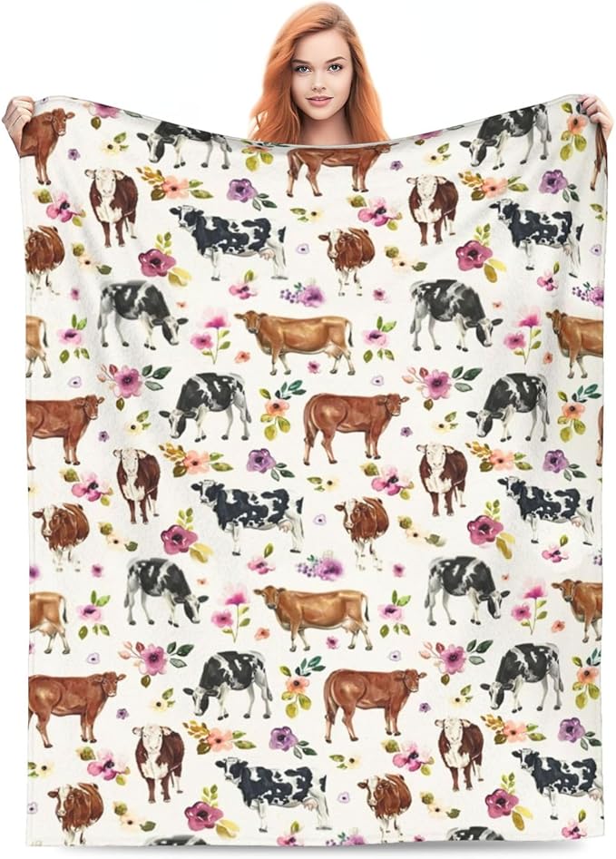 Cow Blanket Cattle Floral Decor Throw Blanket Super Warm Soft Plush Lightweight Fleece Flannel Farmhouse Cute Animals Blanket Gifts for Girls Boys Women Men for Winter Couch Bedding 50"X60"