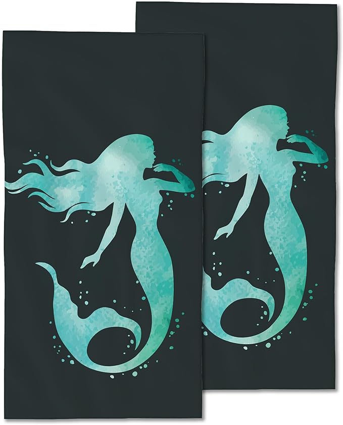 Green Mermaid Hand Towels Set of 2, Summer Sea Fish Underwater Marine Fingertip Towel, Polyester Cotton Soft Bath for Bathroom Kitchen Hotel Spa, 14"X28"