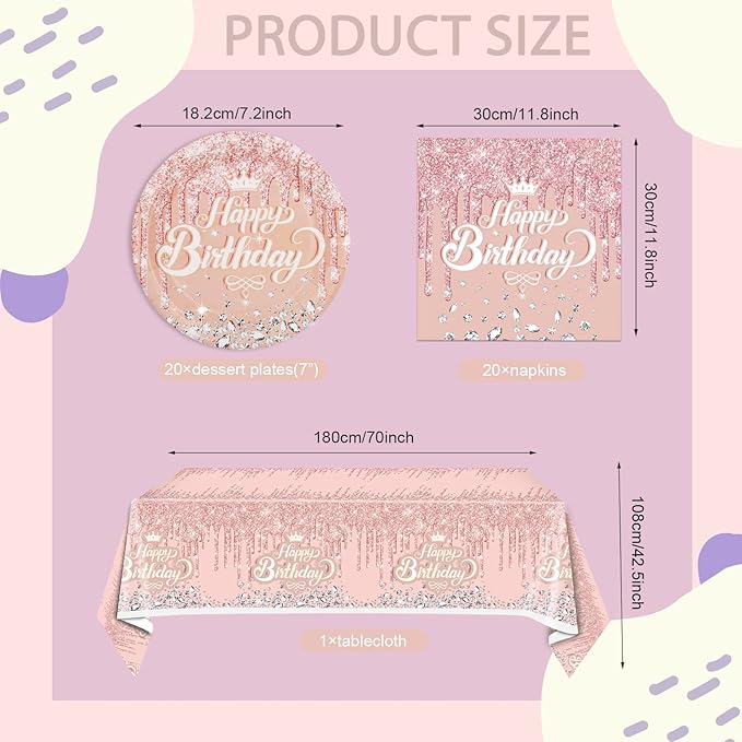 41Pcs Rose Gold Birthday Party Decorations - Pink Rose Gold Theme Supplies - Includes 20 Plates, 20 Napkins and 1 Tablecloth for Girls Women