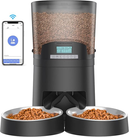 HoneyGuaridan 6.5L Automatic Cat Feeder for 2 Cats,Wi-Fi Smart Pet Feeder,Timer Cat Food Dispenser for Cats & Dogs, APP Control,Desiccant, Voice Recorder Black
