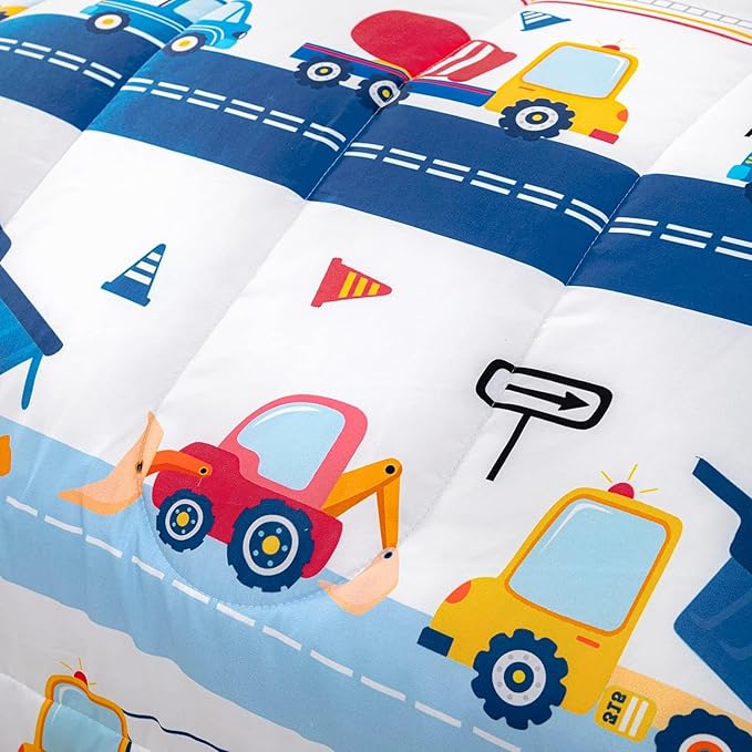 Cartoon Car Kids Comforter Set Twin,Construction Bedding Set Equipment Trucks Comforter Excavator Tractor Quilt Set with 1 Comforter 2 Pillowcases for Boys Girls Teens Adults Bedroom Decor(Blue Red)