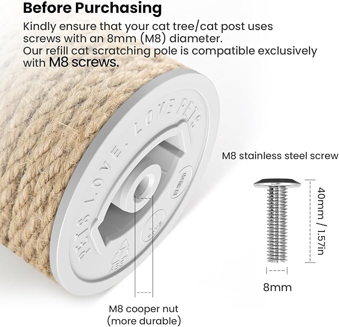SVD.PET Cat Scratching Post Replacement, 17” x 2.95” Jute Rope Cat Tree Replacement Post, Refill Scratcher Posts with M8 Screws for Indoor Cat Tree, Cat Tower and DIY Cat Scratcher (1PCS)