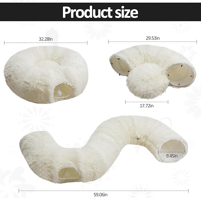 White Fluffy Warm Plush Cat Tunnel Bed, Soft Collapsible Multi-Combinations Cat Tube Playgound Toys, Cat Donut Tunnel for Indoor Cat Kitty Kitten Puppy Rabbit Ferret