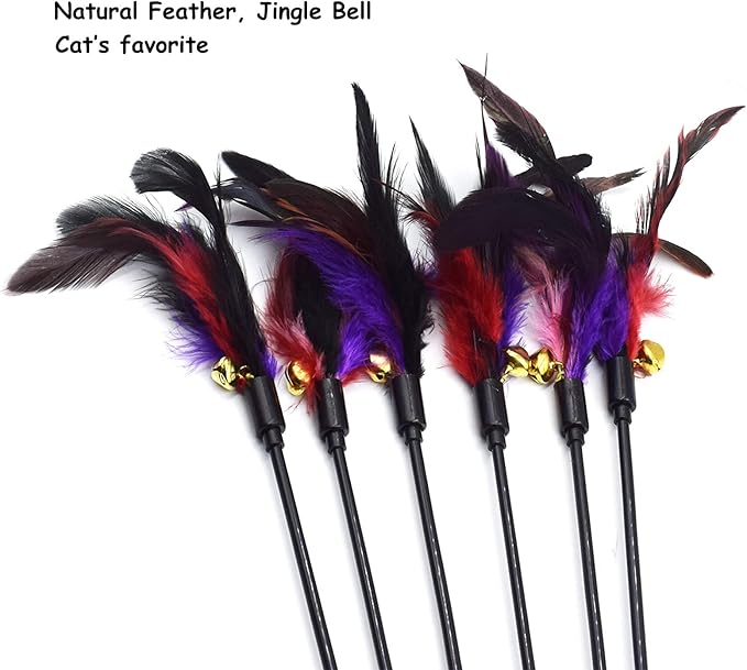 IUHKBH Cat Feather Toys, 6 PCS Interactive Cat Wand Toys Cat Teaser with Bell - 18in Feather Wand for Cat and Kitten