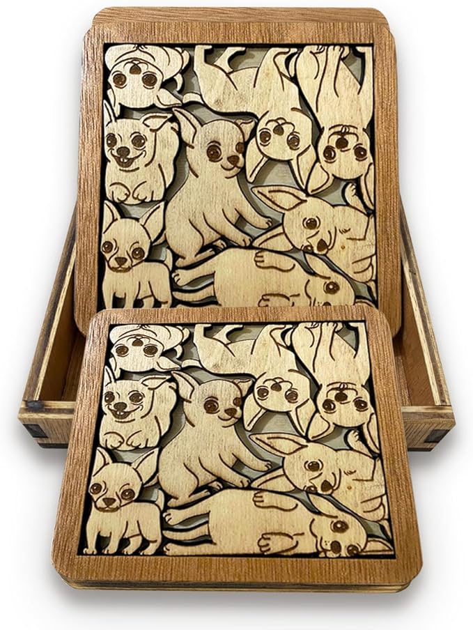 02 Chihuahua Dog Coaster - Chihuahua Dog Puzzle Wooden Coaster Set - Interlocking Jigsaw Drink Mats with Laser-Cut Design for Chihuahua Lovers (Chihuahua Dog)