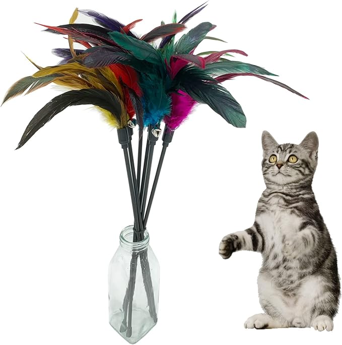 Cat Wand Toy Feather Stick Cat Toys, 7 PCS Cat Feathers Toy Wand, Interactive Cat Toy Feather Wand for Indoor Cats