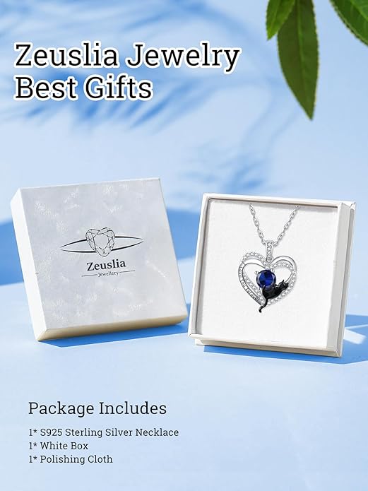 Birthstone Cat Necklaces,925 Sterling Silver Cat Necklace Heart Pendant for Women,Dainty Animal Jewelry for Her,Wedding Anniversary Birthday Gifts for Women Mom Grandma