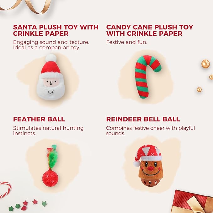 PETEPELA Christmas Cat Toys, 10 Pcs Cat Feather Mice Catnip Toys Set, Cat Gifts for Christmas, Interactive Cat Christmas Stocking Ball Toys, Crinkle Balls, Mice Toys for Indoor Cats & Kittens