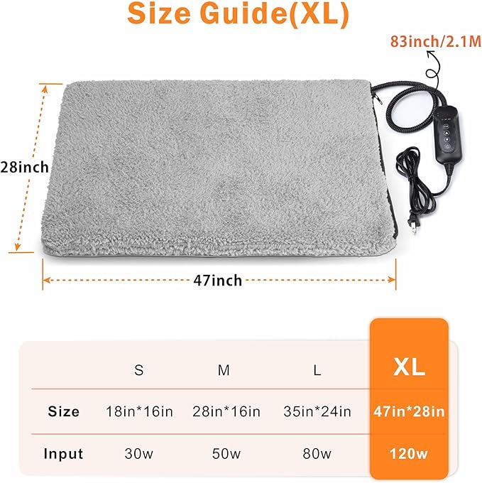 Heated Cat Bed, 11 Adjustable Temperature Pet Heating Pad Indoor for Dogs Cats Heating Mat with Timer, Auto Power Off, Electric Pet Heating Pad for Cat House (Grey, XL(47"x28"))