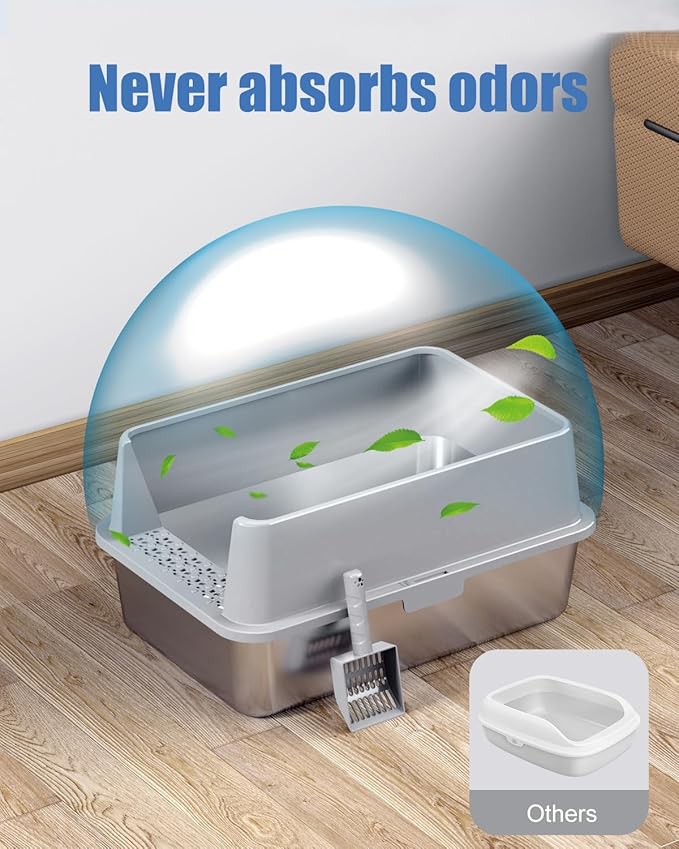 2PACK Stainless Steel Litter Box, Metal Litter Box with Lid High Sides, XL Extra Large Litter Box for Big Cats, Never Absorbs Odors, Leak-Proof, Stain-Free, Rust-Free, Easy to Clean, Scoop Included