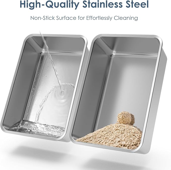 2 Pack 19.6"x13.7"x6" Stainless Steel Litter Box with 26L Litter Capacity, Large Cat Litter Box for Cats and Rabbits, Metal Kitty Litter Box with Foot Board, Non Stick Stainless Steel Pan Tray