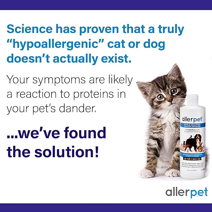 Allerpet Single Solution 16 fl oz Bottle Dander Remover for Pets - Relieves Allergies - Bonus Mitt to Easily Apply Solution to Your Pet