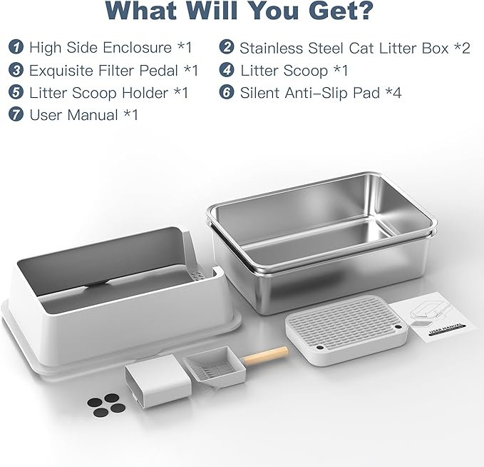 2 Pack Stainless Steel Cat Litter Box with 1Pack Lid, XL Extra Large Litter Box for Big Cats, Metal Litter Box with High Sided Enclosure & Scoop, Anti-Leakage, Non-Sticky, Easy Cleaning