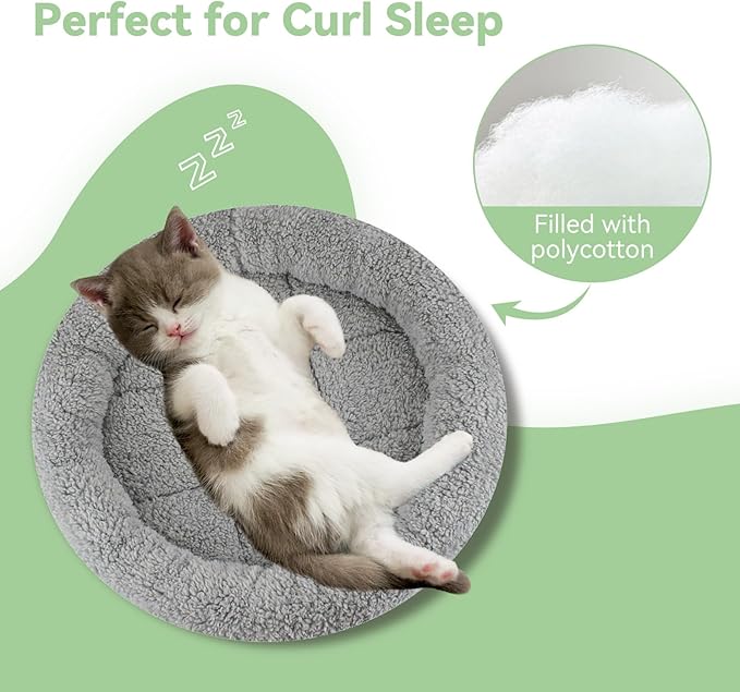 lesypet Cat Bed for Indoor Cats, Round Cat Bed Small Cat Bed Curl Sleep Cushion with Raised Pillow Around, Non-Slip Bottom Washable Mat for Small Pet Rabbit Hamsters, Round Small 13.78"