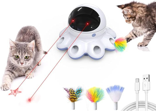 ORSDA 2-in-1 Cat Laser Toy, Automatic Cat Toys for Indoor Cats, Laser Interactive Cat Toy, 8 Holes Mice Whack A Mole Moving Feather, USB Rechargeable Electronic Kitten Toys