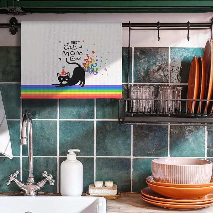 Birthday Gift for Cat Moms-Cute Kitchen Towel with Party Hat Kitty & Confetti Design,Quick-Drying Decorative Hand Towel for Kitchen & Bathroom Decor,Funny Feline Lover Accessories for Crazy Cat Ladies