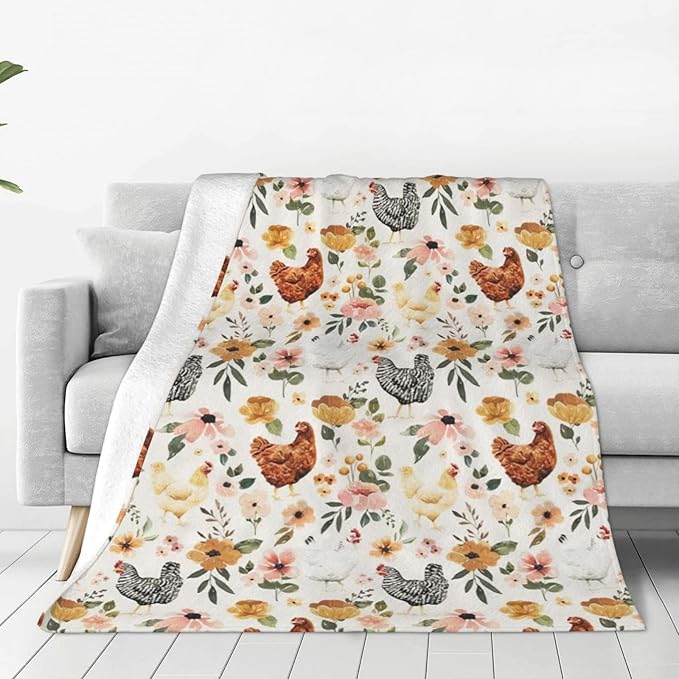 Chicken Floral Blanket Rooster Hen Printed Decor Throw Blanket Warm Soft Plush Lightweight Fleece Flannel Winter Blanket Farm Gifts for Girls Women Farmer Lover Boys Baby Kids Couch Bedding 50"X60"
