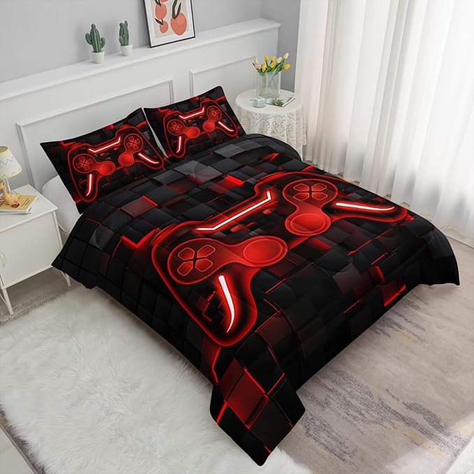 Axolotl Gamepad Comforter Set Twin Size,Red Grid Print Bedding Set,Boys Gaming Console Comforter Set,Video Gaming Controller Bedding Set for Teens Men Adults,1 Quilt 2 Pillowcases,Red Black