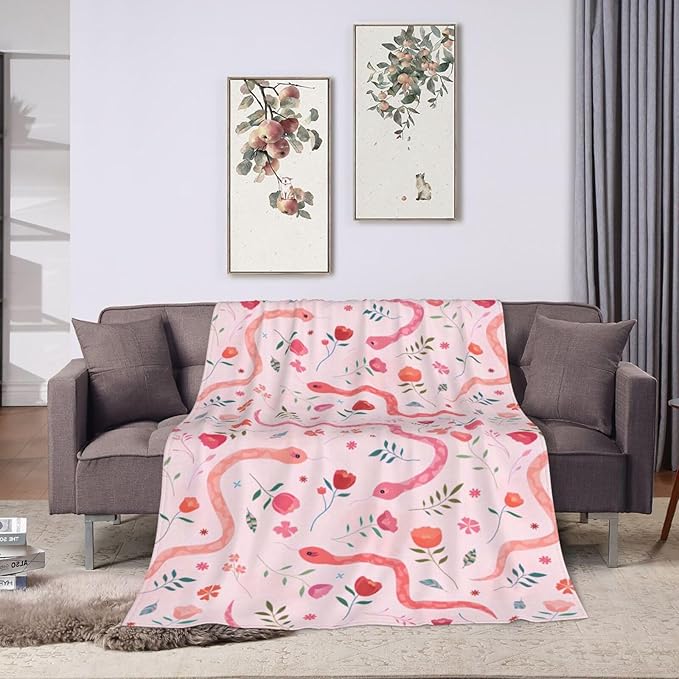 Cute Snake Reptile Blanket Ultra Soft Cozy Pink Flower Snake Throw Blanket Fleece Fuzzy Plush Bedding Blanket Real Snake Lovers Gifts for Women Girls Kids Adults Couch Sofa 80"x60"