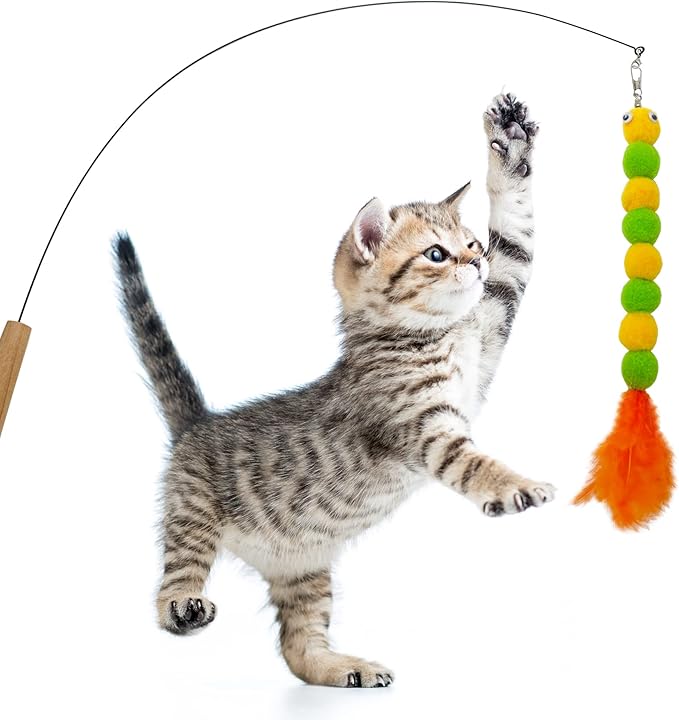 Cat Worm Toy Refills Cat Wand Replacement Worms Cat Toy, 8 PCS Cat Wand Attachments Assorted Worm Feather for Cat Toys