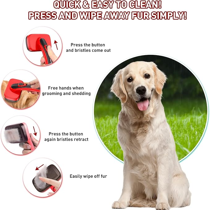 Self Cleaning Slicker Brush for Shedding Long Short Haired Dogs & Cats, Remove Loose Tangling Knot Undercoat Fur Mats, Grooming Brush with Retractable Bristles for Small Medium Large Pet, Red