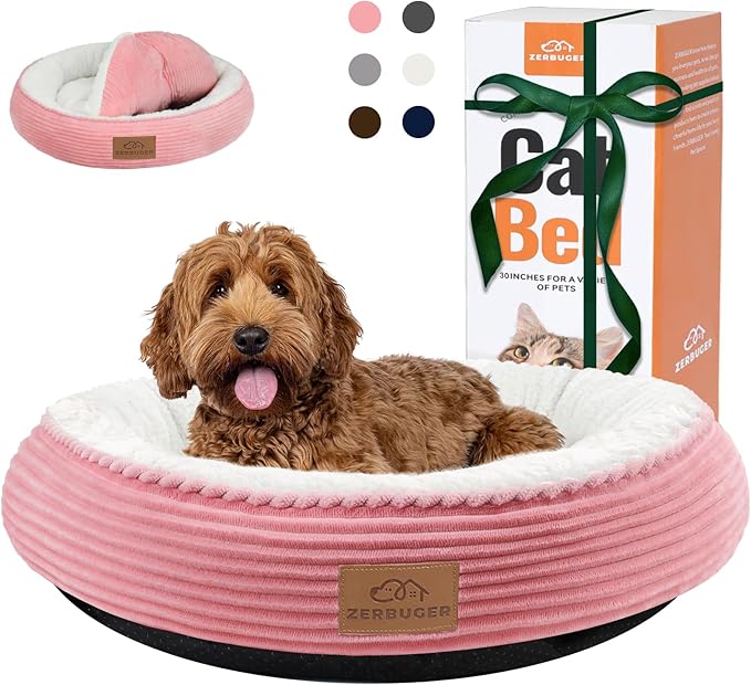 30in Pink Round Cat Dog Bed Gift for Large Medium Small Dogs Cats, Machine Washable Sleeping Sofa, Non-Slip Bottom Soft Calming Pet Cuddler for Indoor/Outdoor/Car/Cage, Fit up to 45lbs